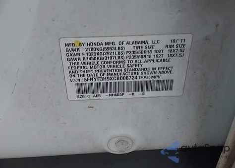 2012 Honda Pilot Touring z USA, uszkodzony, nr VIN 5FNYF3H9XCB006724